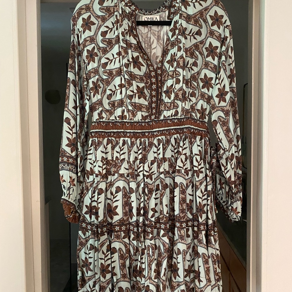 Omika Lana Mini - Mint, Black & Brown Patterned Long Sleeve Dress